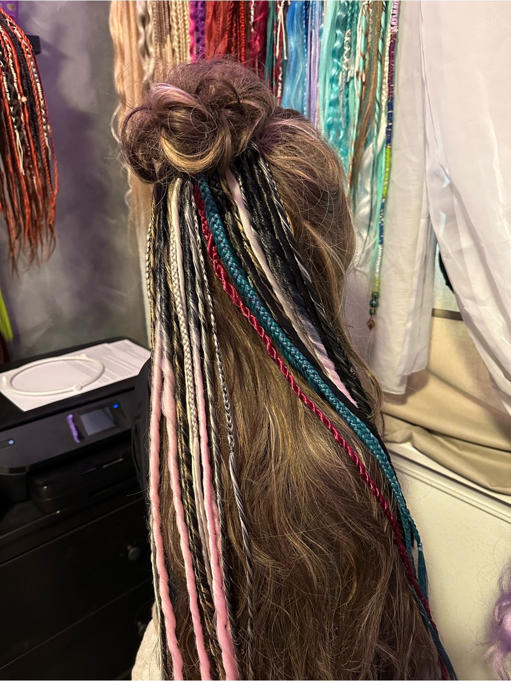 Multicolor Braided Hair Extensions with Pink, Black & Teal Accents